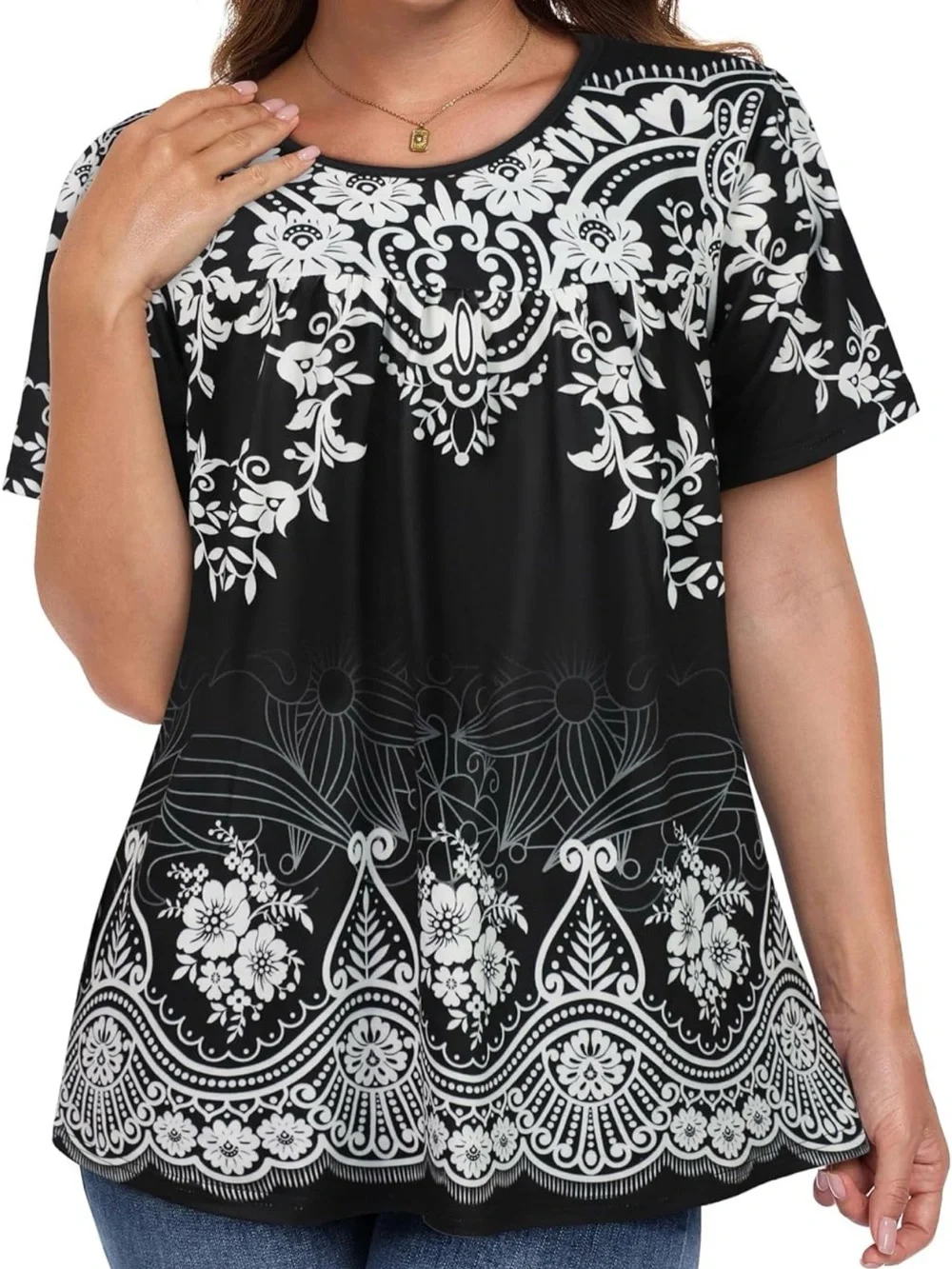 Black & White Floral Print Short Sleeve Top - Picture 4 of 4